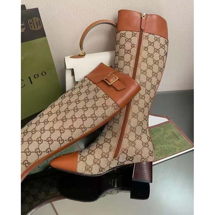G*u*i blondie women’s boot crystals beige ebony gg canvas low 5 cm heel