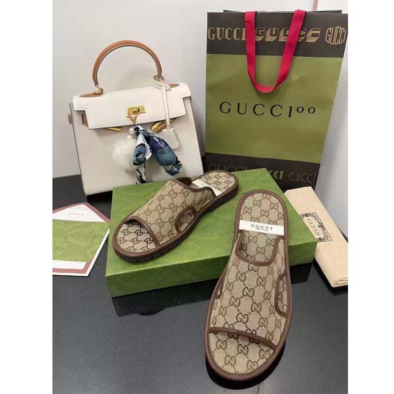 G*u*i unisex gg supreme slide sandal beige ebony canvas rubber flat 1 cm heel