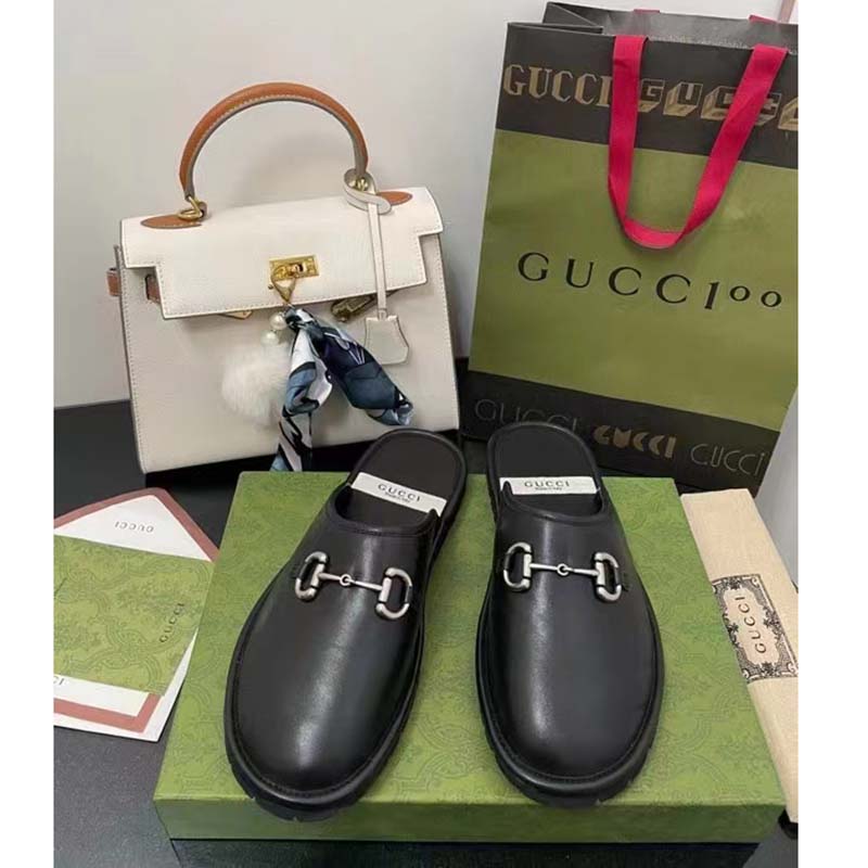 G*u*i unisex horsebit slip-on sandal black leather rubber sole flat