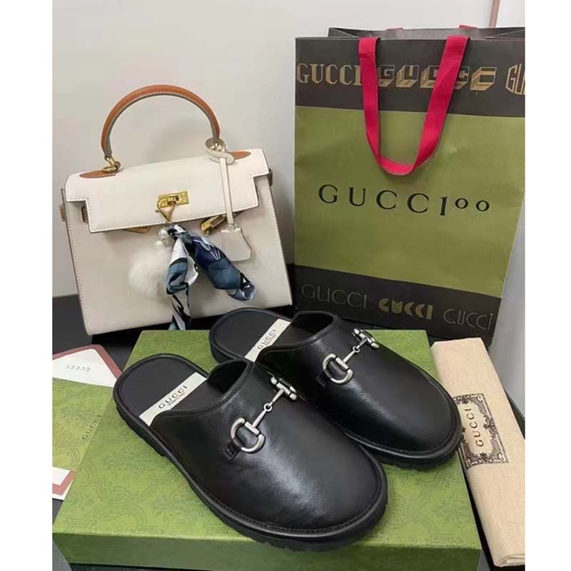 G*u*i unisex horsebit slip-on sandal black leather rubber sole flat