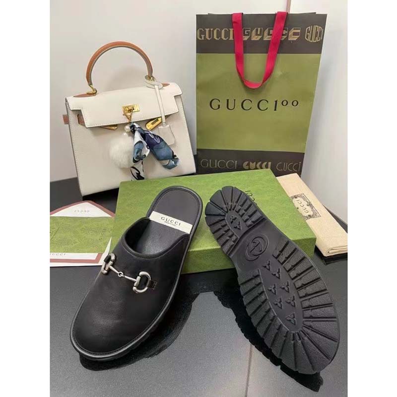 G*u*i unisex horsebit slip-on sandal black leather rubber sole flat