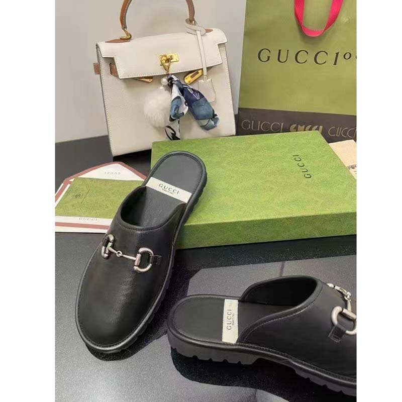 G*u*i unisex horsebit slip-on sandal black leather rubber sole flat