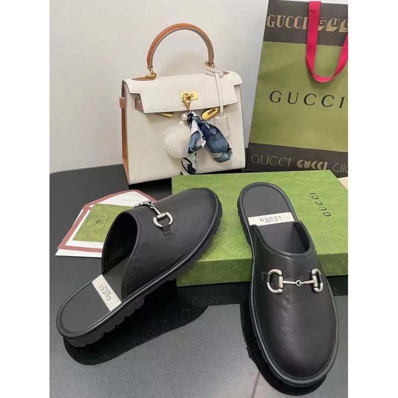 G*u*i unisex horsebit slip-on sandal black leather rubber sole flat