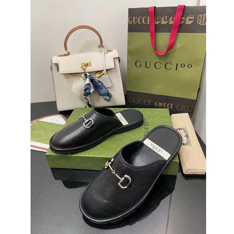 G*u*i unisex horsebit slip-on sandal black leather rubber sole flat