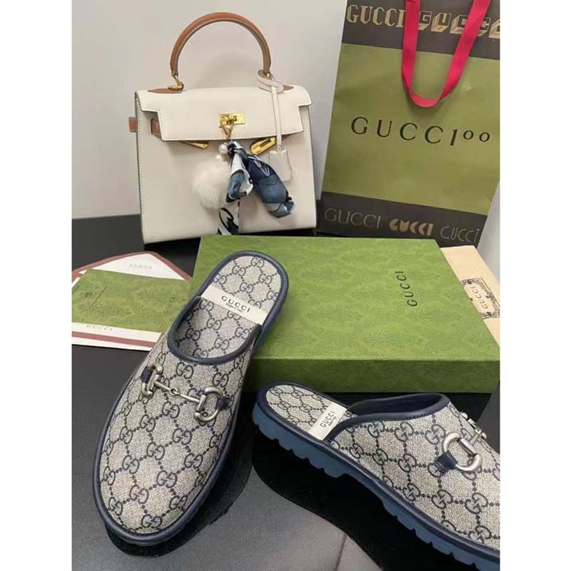 G*u*i unisex slipper blue beige gg supreme canvas rubber sole low 1 cm heel