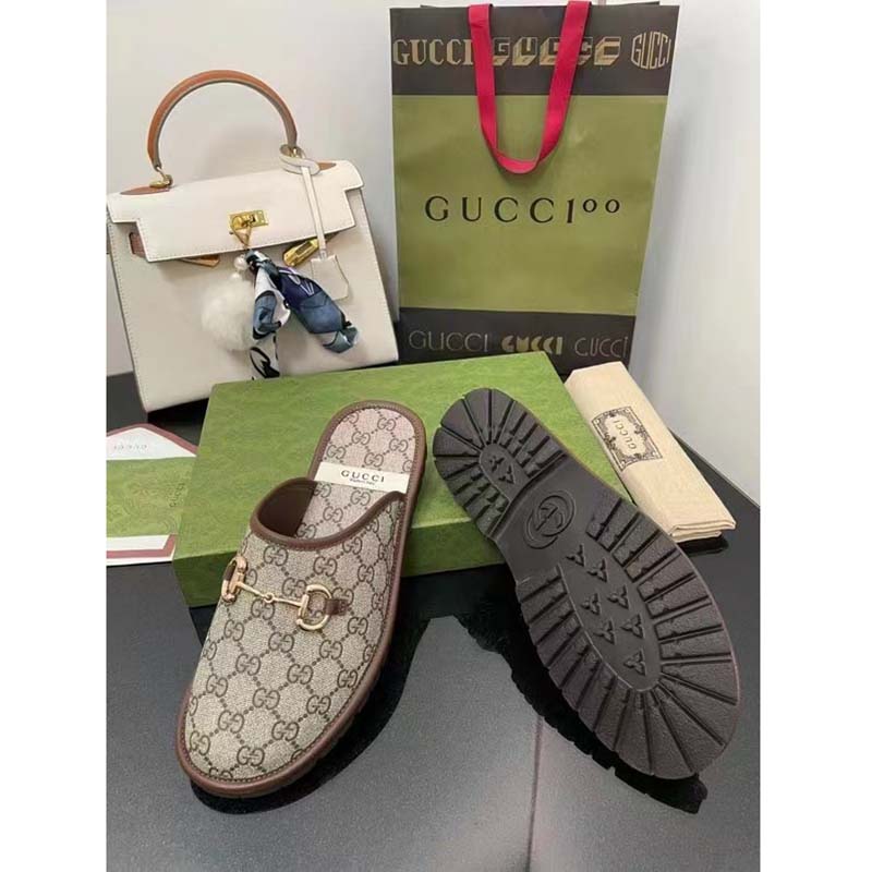 G*u*i unisex slipper horsebit gg supreme canvas rubber sole flat 1 cm heel