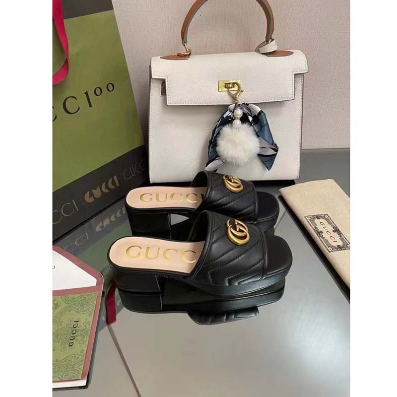 G*u*i women double g slide sandal black chevron matelassé leather mid-heel