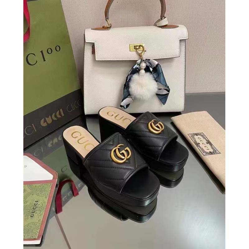 G*u*i women double g slide sandal black chevron matelassé leather mid-heel