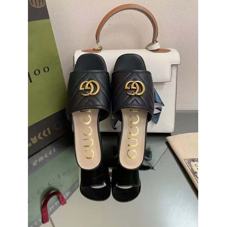 G*u*i women double g slide sandal black chevron matelassé leather mid-heel