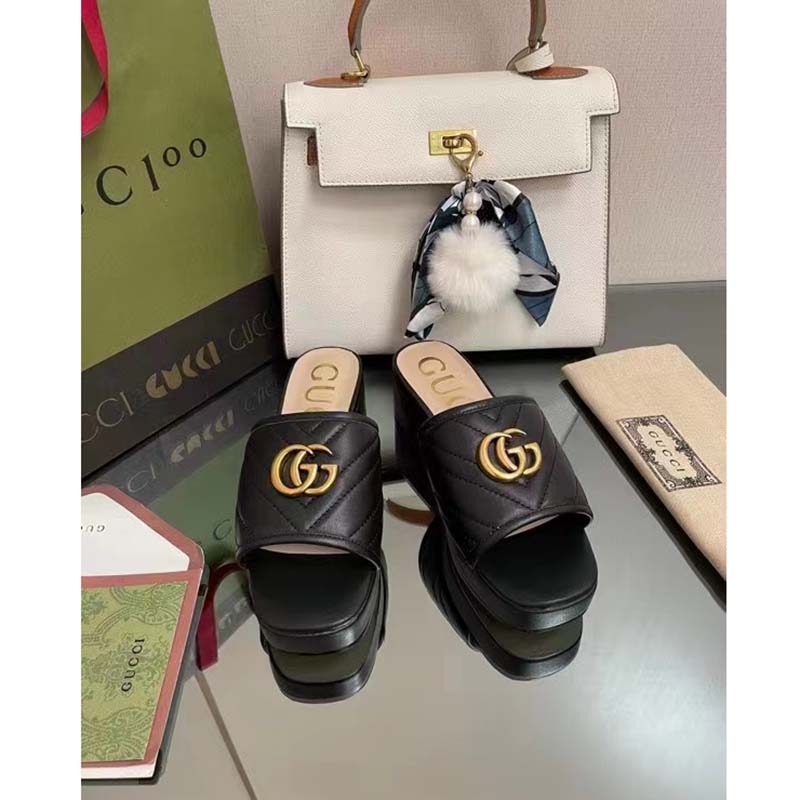 G*u*i women double g slide sandal black chevron matelassé leather mid-heel