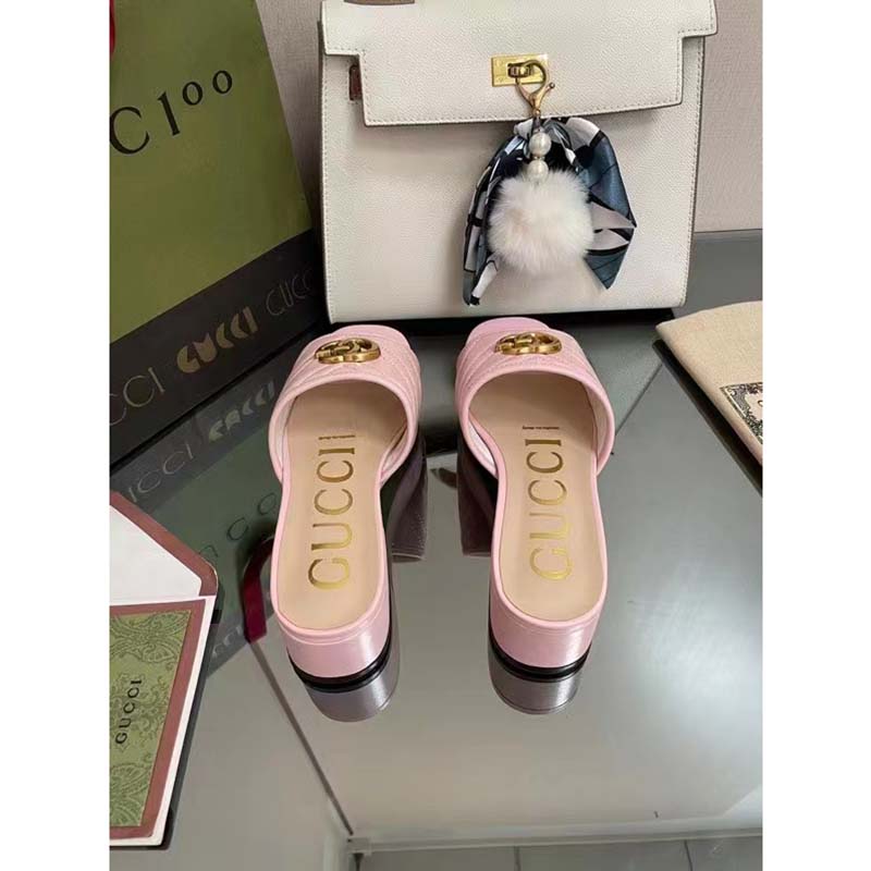 G*u*i women double g slide sandal rose pink chevron matelassé leather mid-heel