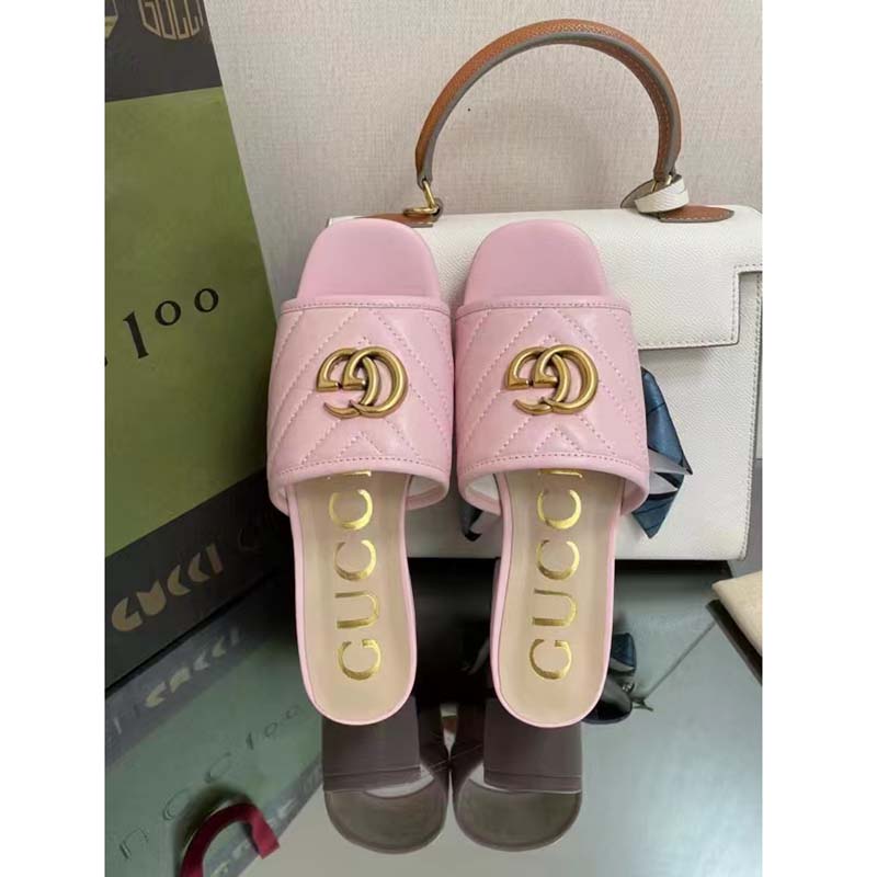 G*u*i women double g slide sandal rose pink chevron matelassé leather mid-heel