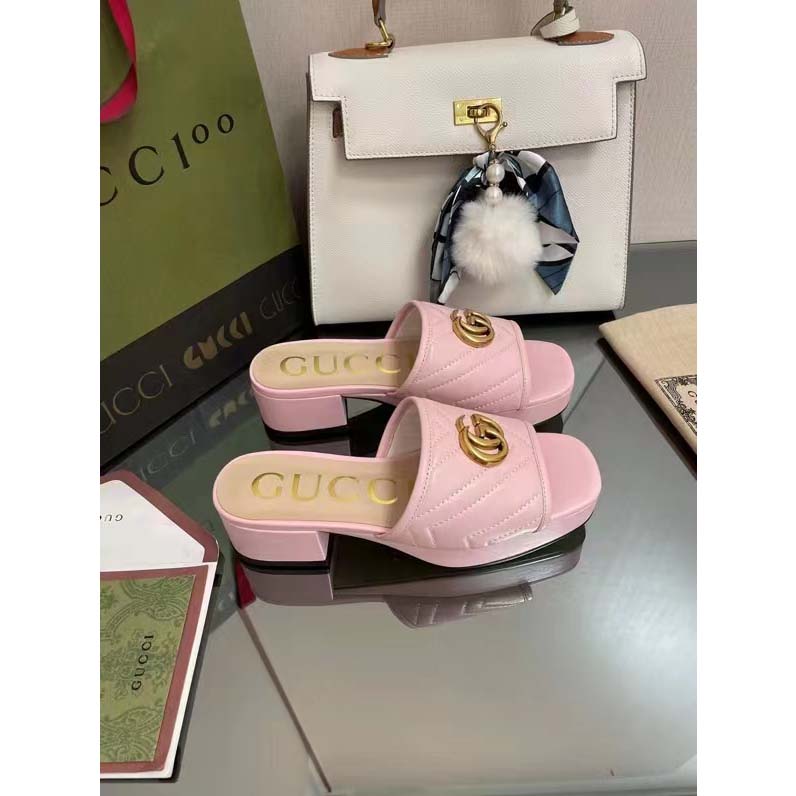 G*u*i women double g slide sandal rose pink chevron matelassé leather mid-heel