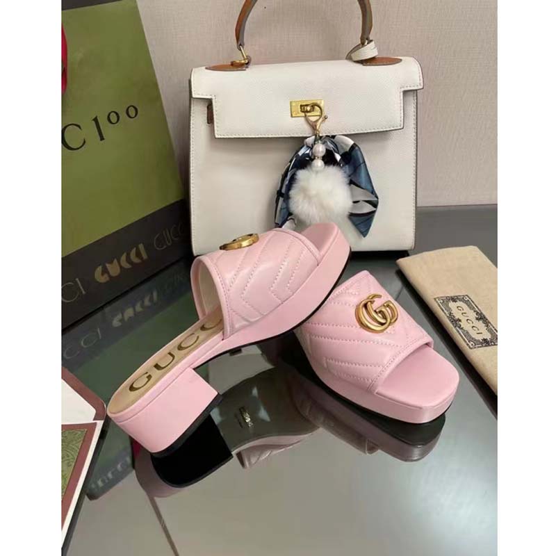 G*u*i women double g slide sandal rose pink chevron matelassé leather mid-heel
