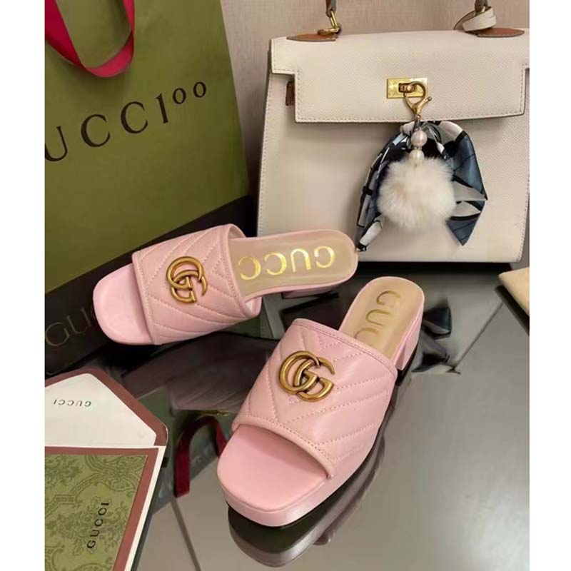 G*u*i women double g slide sandal rose pink chevron matelassé leather mid-heel