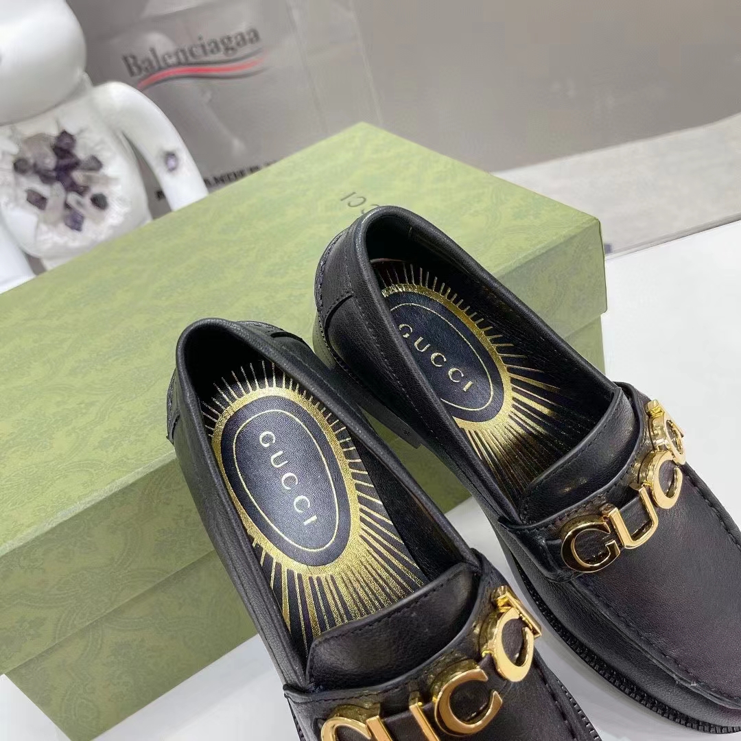 G*u*i women gg leather loafer black metal logo metallic sunray print low heel