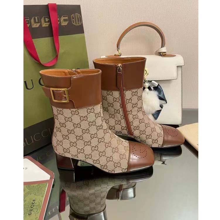 G*u*i women’s gg canvas ankle boot beige ebony canvas leather low 4 cm heel