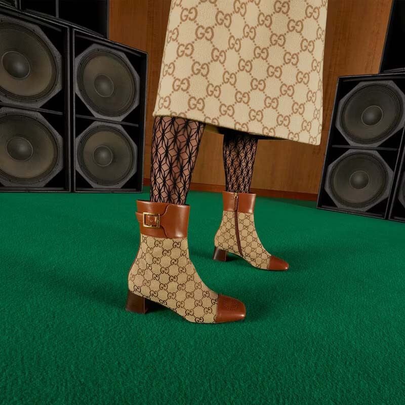 G*u*i women’s gg canvas ankle boot beige ebony canvas leather low 4 cm heel