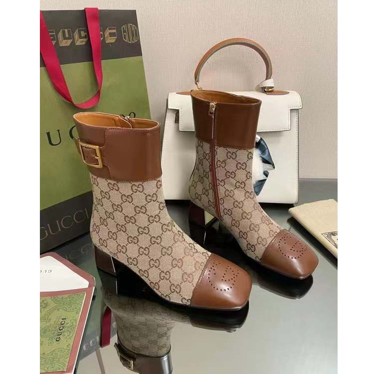 G*u*i women’s gg canvas ankle boot beige ebony canvas leather low 4 cm heel