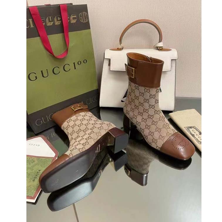 G*u*i women’s gg canvas ankle boot beige ebony canvas leather low 4 cm heel