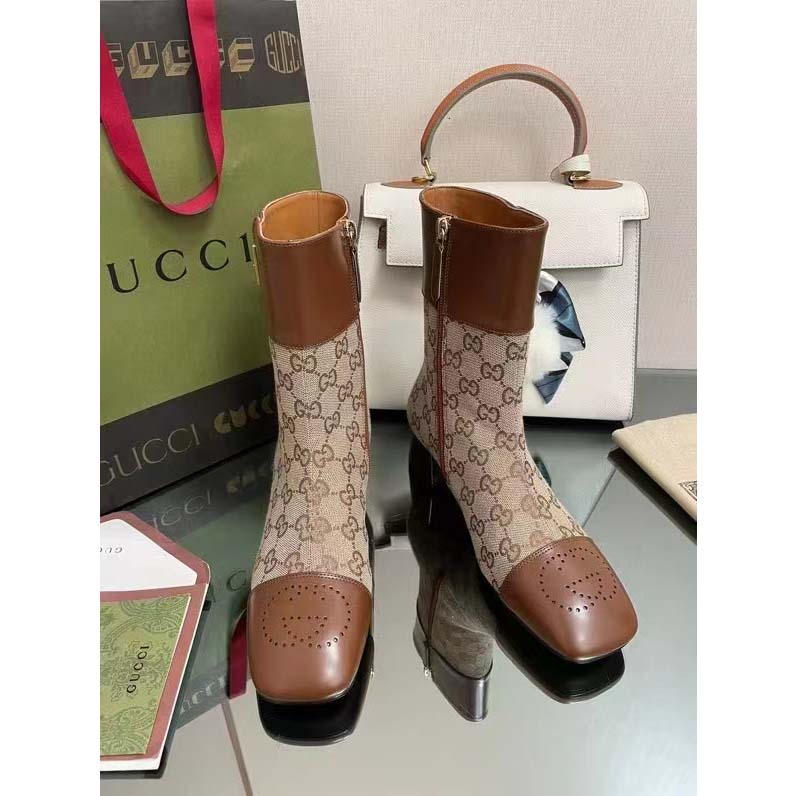 G*u*i women’s gg canvas ankle boot beige ebony canvas leather low 4 cm heel