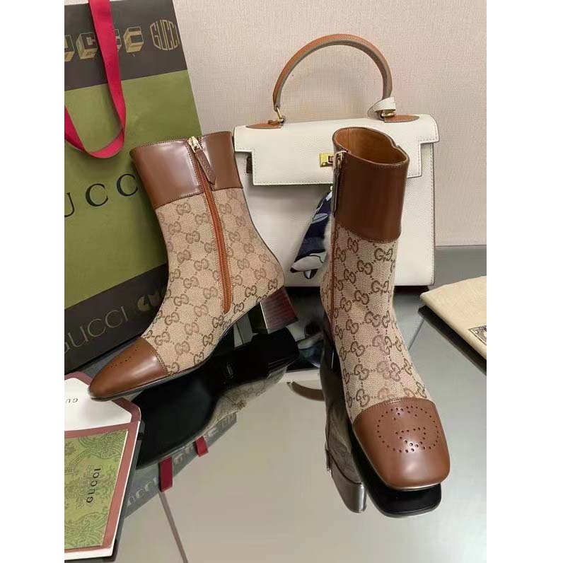 G*u*i women’s gg canvas ankle boot beige ebony canvas leather low 4 cm heel