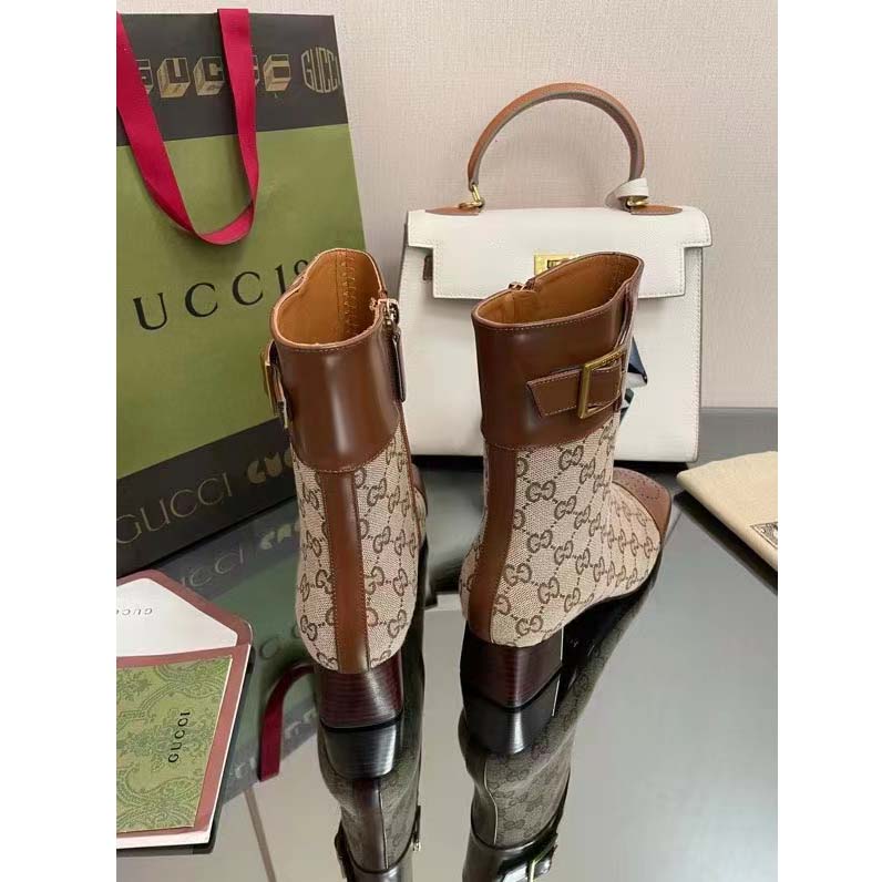 G*u*i women’s gg canvas ankle boot beige ebony canvas leather low 4 cm heel