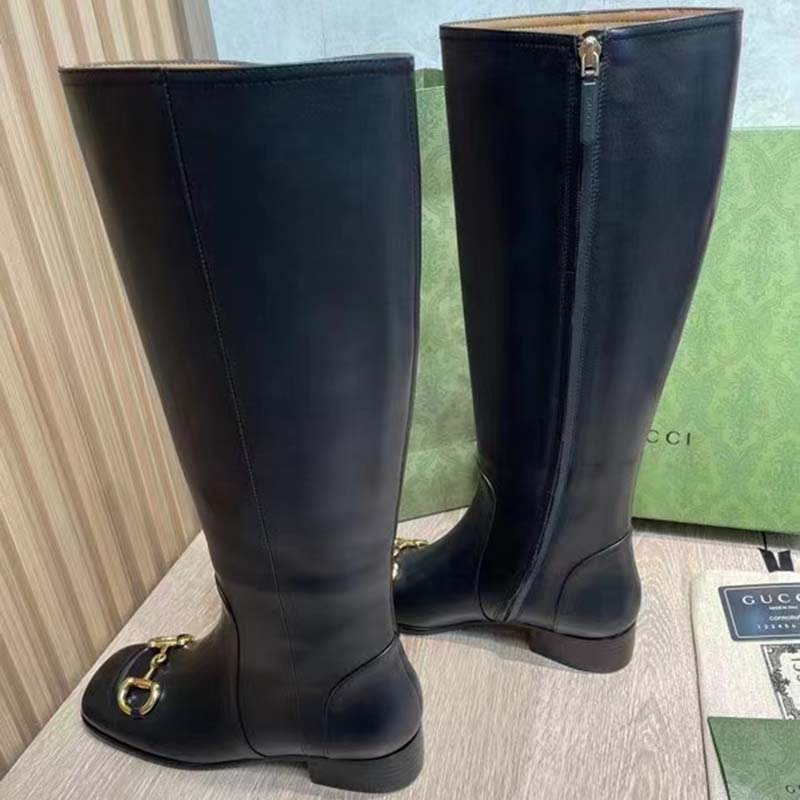G*u*i women’s gg knee-high boot horsebit black rubber sole low 4 cm heel