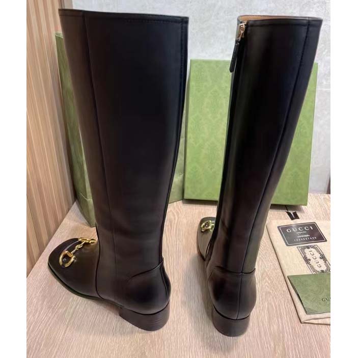 G*u*i women’s gg knee-high boot horsebit black rubber sole low 4 cm heel
