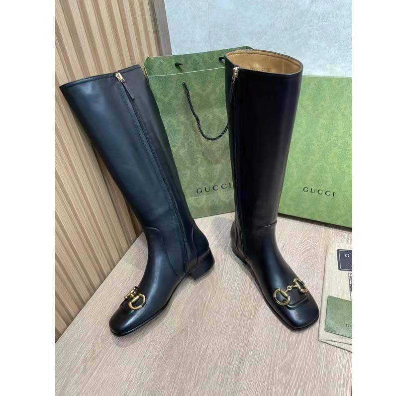 G*u*i women’s gg knee-high boot horsebit black rubber sole low 4 cm heel