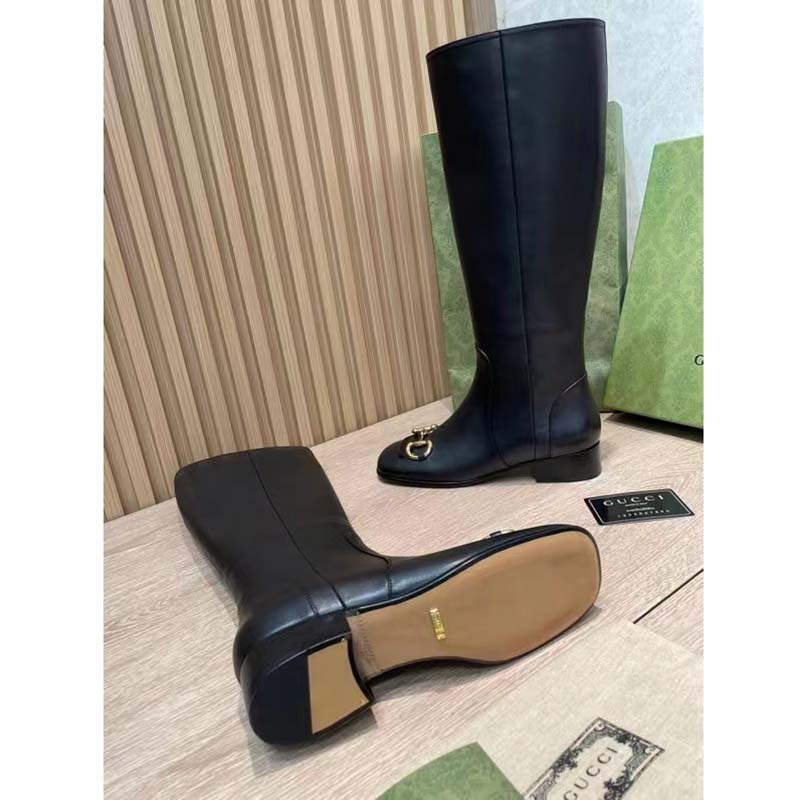 G*u*i women’s gg knee-high boot horsebit black rubber sole low 4 cm heel