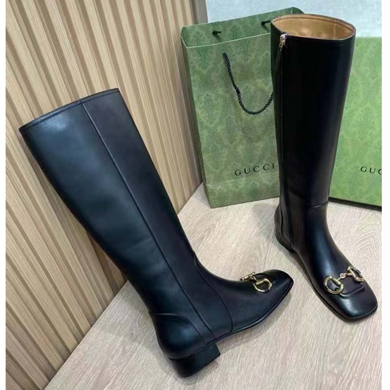 G*u*i women’s gg knee-high boot horsebit black rubber sole low 4 cm heel
