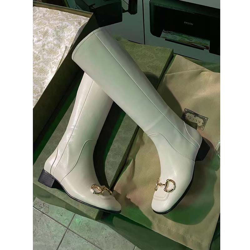 G*u*i women’s knee-high boot horsebit white rubber sole low 4 cm heel