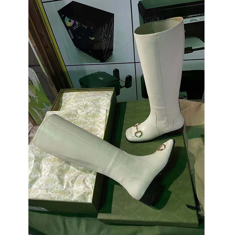 G*u*i women’s knee-high boot horsebit white rubber sole low 4 cm heel