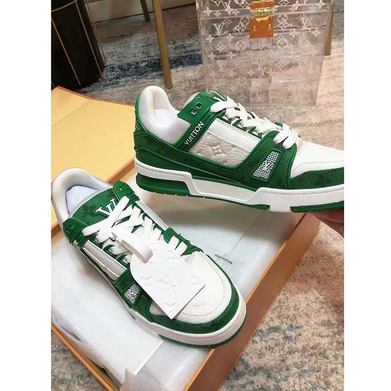 Louis Vuitton Unisex LV Trainer Sneaker Green Monogram Denim Embossed Grained Calf Leather