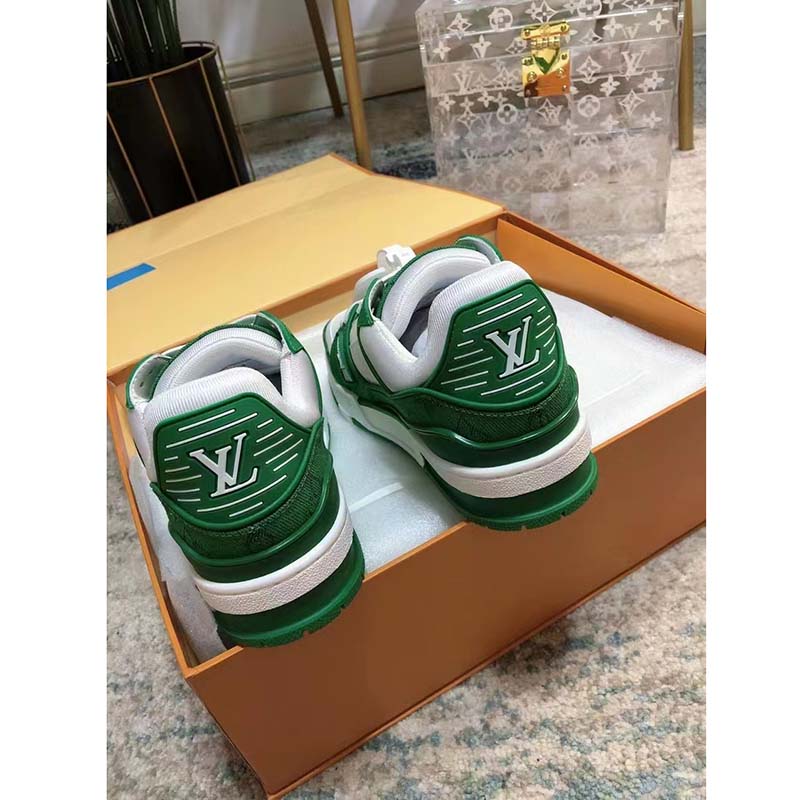 Louis Vuitton Unisex LV Trainer Sneaker Green Monogram Denim Embossed Grained Calf Leather