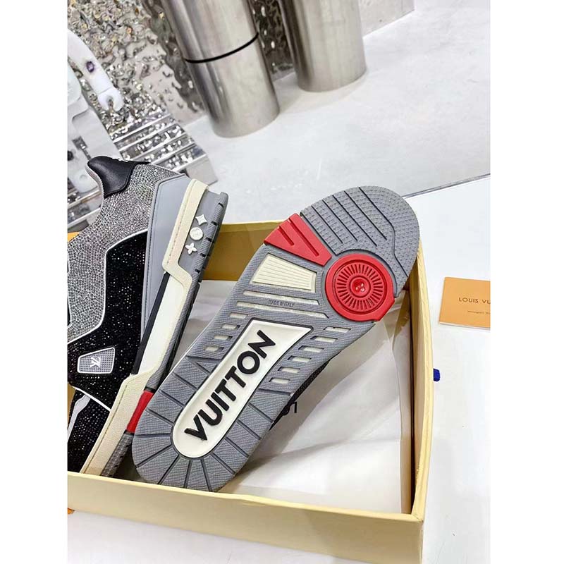 Louis Vuitton Unisex Trainer Sneaker Black Strass Rubber Outsole LV Initials Monogram Flowers