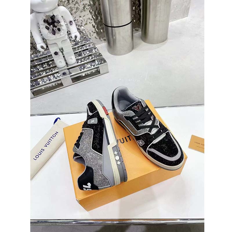 Louis Vuitton Unisex Trainer Sneaker Black Strass Rubber Outsole LV Initials Monogram Flowers