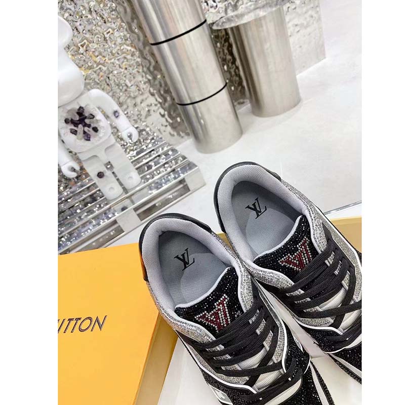 Louis Vuitton Unisex Trainer Sneaker Black Strass Rubber Outsole LV Initials Monogram Flowers