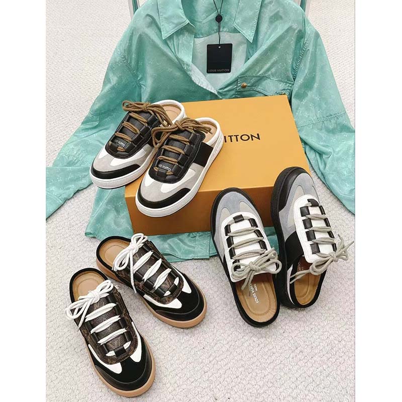 Louis Vuitton Women LV Lous Open-Back Sneaker Light Gray Suede Calf Leather Double Laces