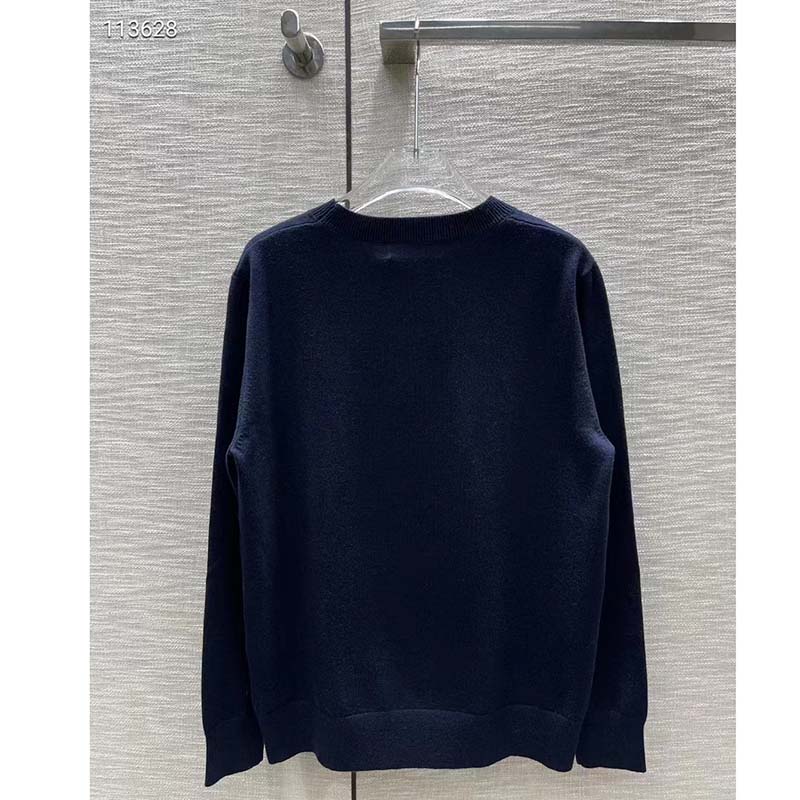 Dior Men CD Bobby Sweater Navy Blue Cashmere Jacquard Ribbed Round Collar