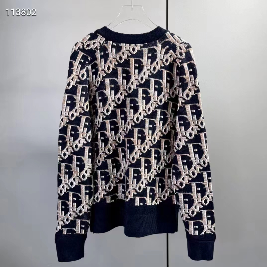 Dior Women CD Dior Oblique Cardigan Navy Blue Wool Jacquard