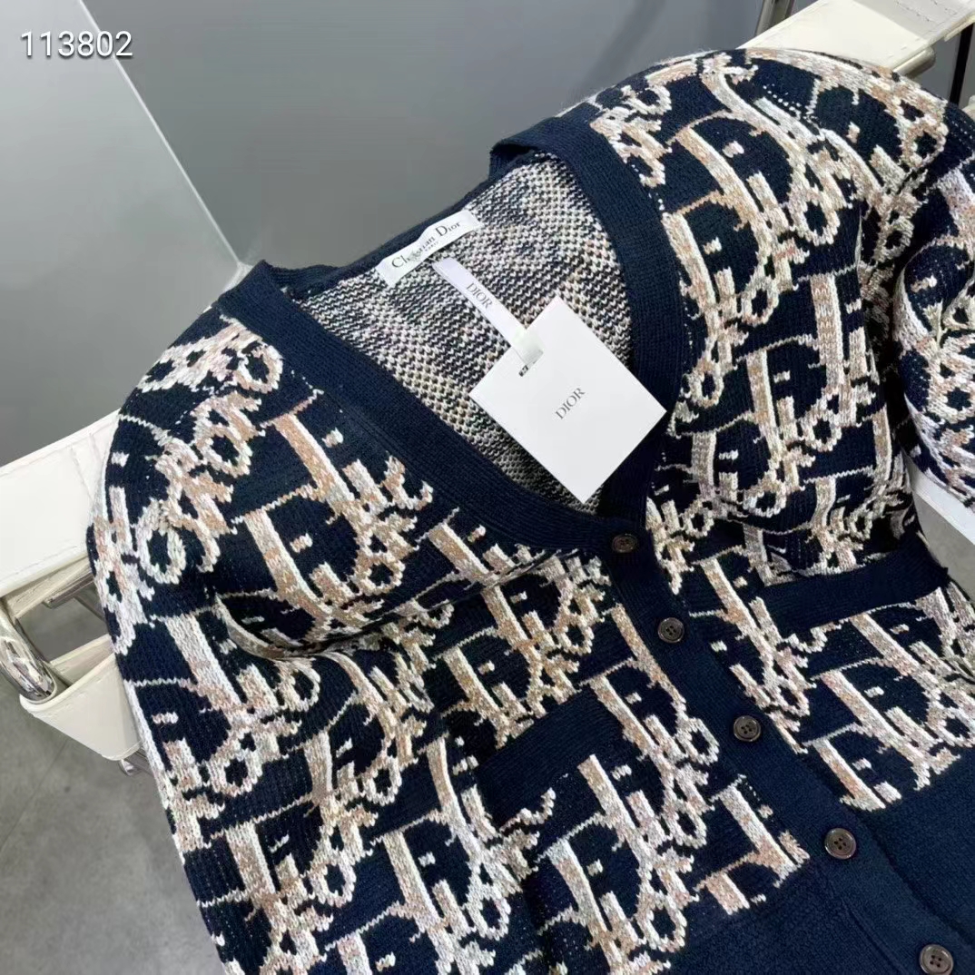 Dior Women CD Dior Oblique Cardigan Navy Blue Wool Jacquard