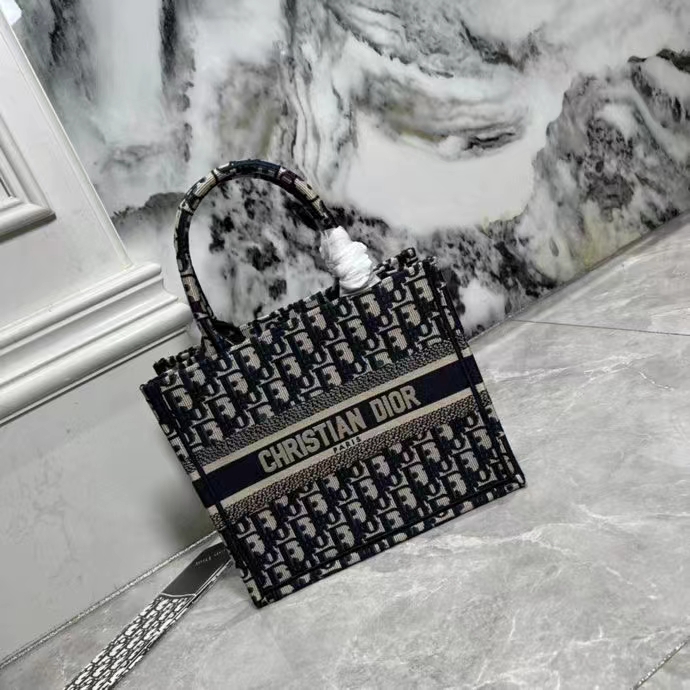 Dior Women Small Dior Book Tote Blue Dior Oblique Embroidery