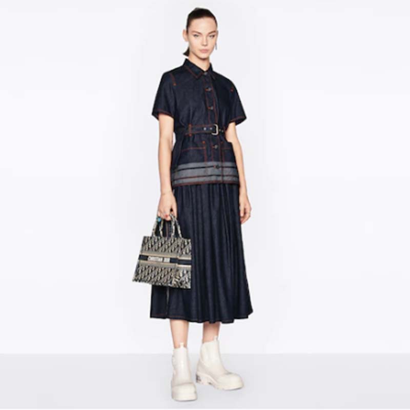 Dior Women Small Dior Book Tote Blue Dior Oblique Embroidery