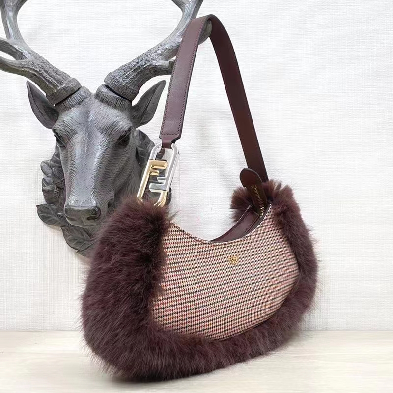 Fendi Women FF O’Lock Swing Brown Houndstooth Wool Fox Fur Pouch