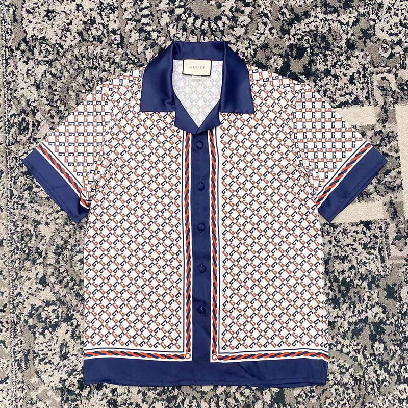 G*u*i gg men geometric g print muslin bowling shirt notch collar short sleeves