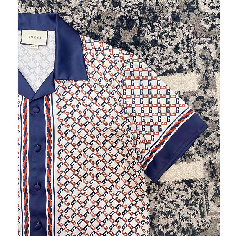 G*u*i gg men geometric g print muslin bowling shirt notch collar short sleeves