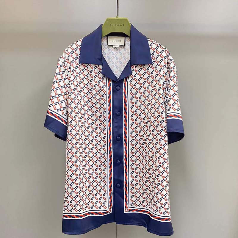 G*u*i gg men geometric g print muslin bowling shirt notch collar short sleeves