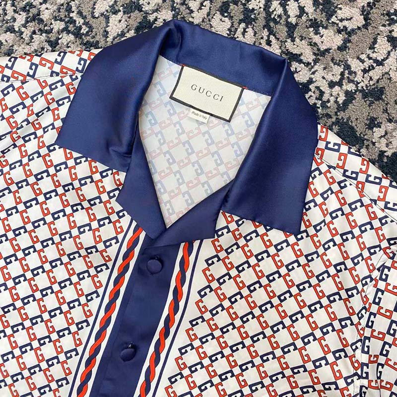 G*u*i gg men geometric g print muslin bowling shirt notch collar short sleeves